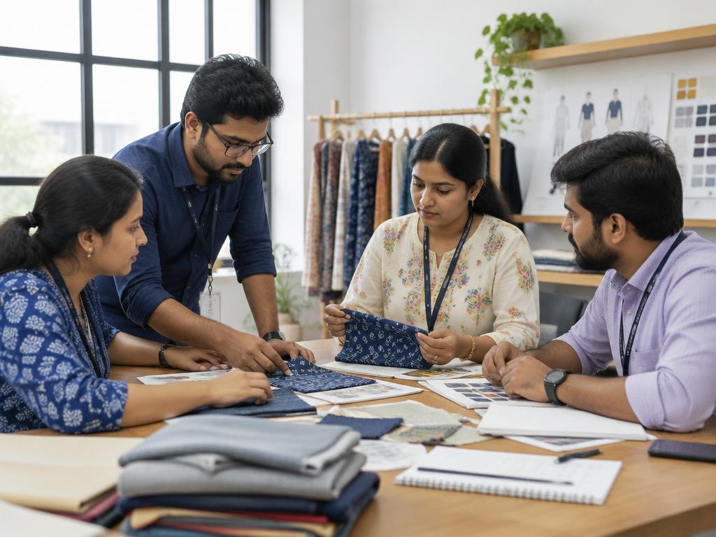 Fab and Fit team reviewing fabric samples