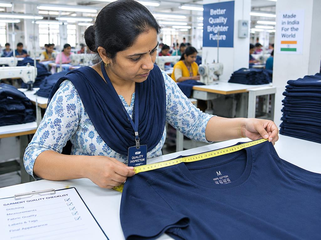 Quality inspector measuring a t-shirt in a garment factory