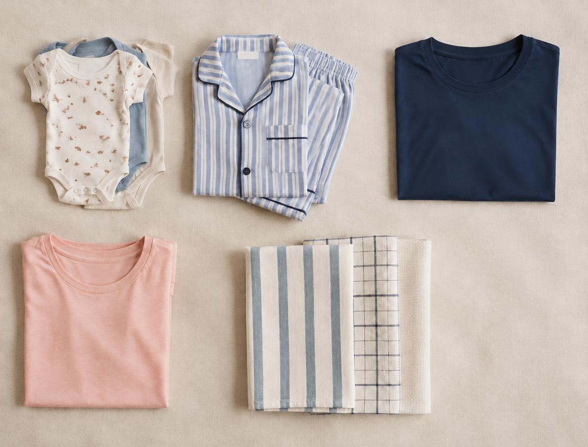 Baby bodysuits, kids pyjama set, t-shirts and kitchen towels